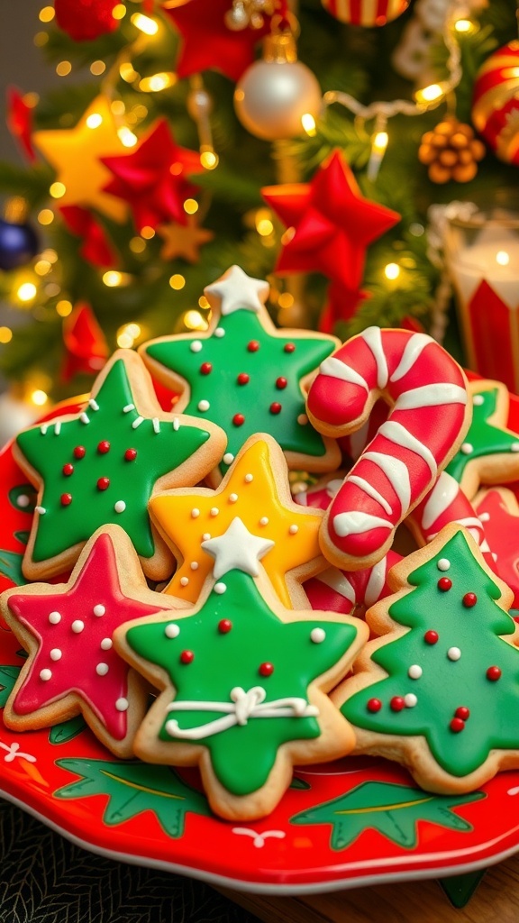 A plate of decorated Christmas cookies in festive shapes with icing and sprinkles.